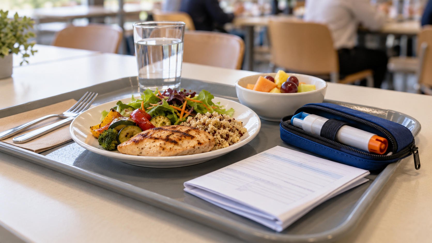 Un plateau de cantine posé sur une table claire, avec un étui d’auto-injecteur d’adrénaline et un formulaire médical plié à côté des couverts.
