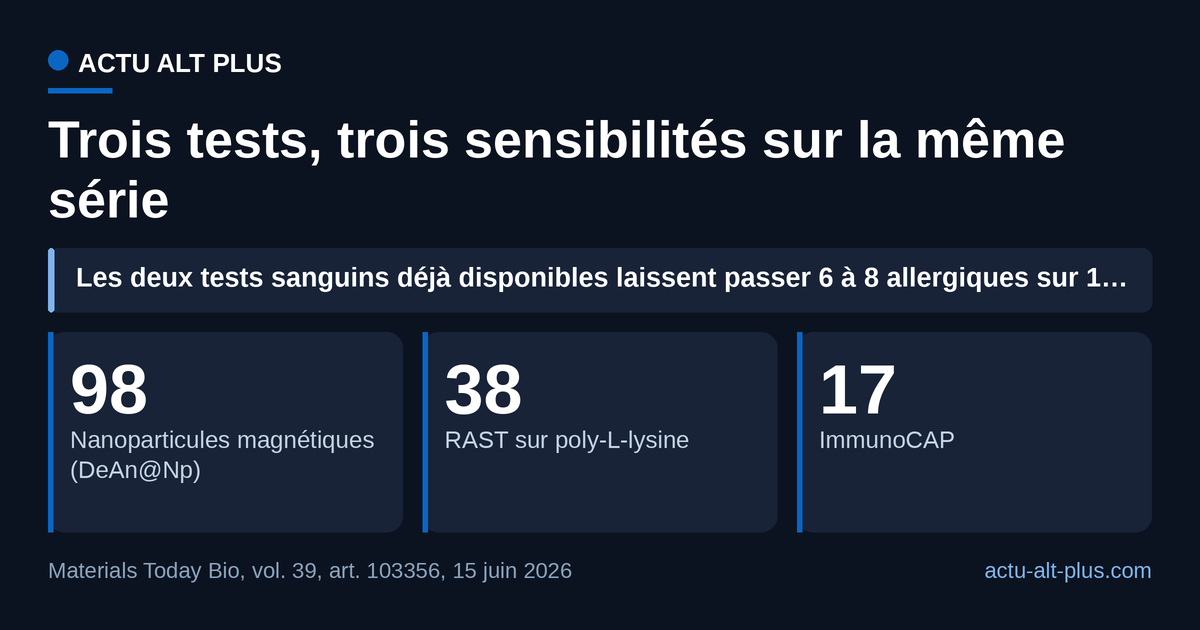 Trois cartes chiffrées : sensibilité de 98 % pour le test aux nanoparticules magnétiques, 38 % pour le RAST classique et 17 % pour l’ImmunoCAP, sur la même série de patients allergiques à l’amoxicilline.