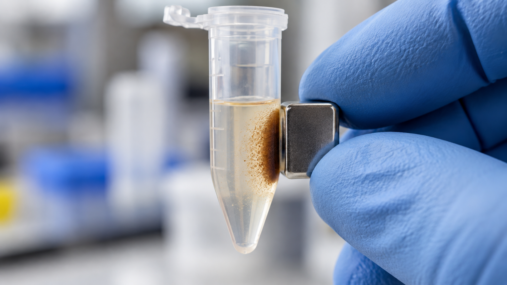Une main gantée plaque un petit aimant contre la paroi d’un microtube transparent où un sédiment brun s’est rassemblé.