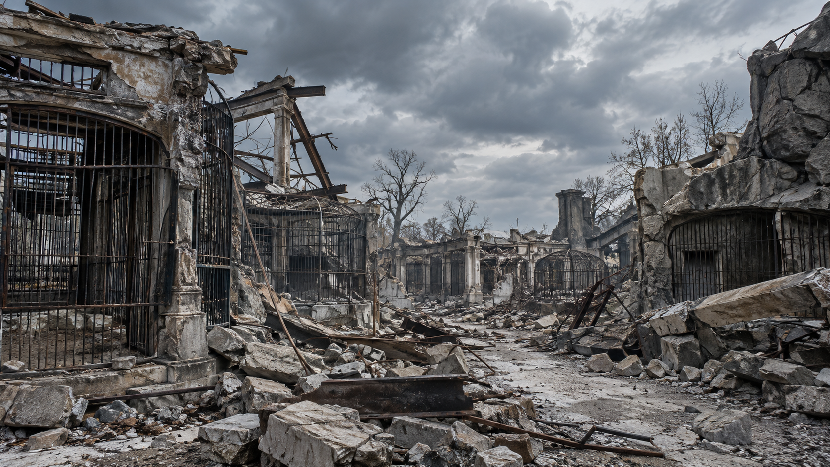 Enclos de zoo éventré par un bombardement, cages vides et gravats sous un ciel gris.