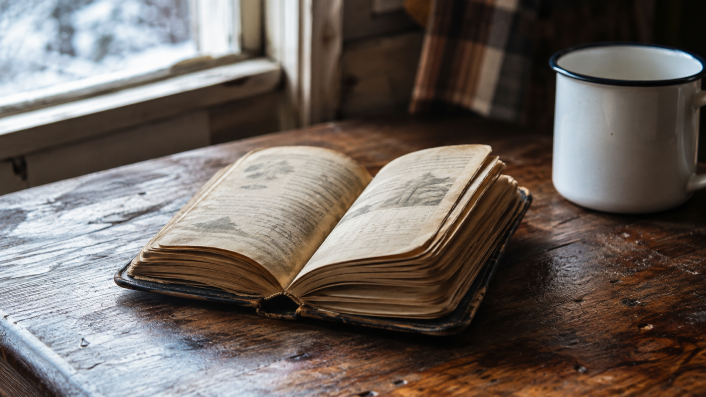 Un almanach de poche usé, ouvert sur une table de cuisine en bois près d’une tasse émaillée, dans la lumière pâle d’un matin d’hiver.