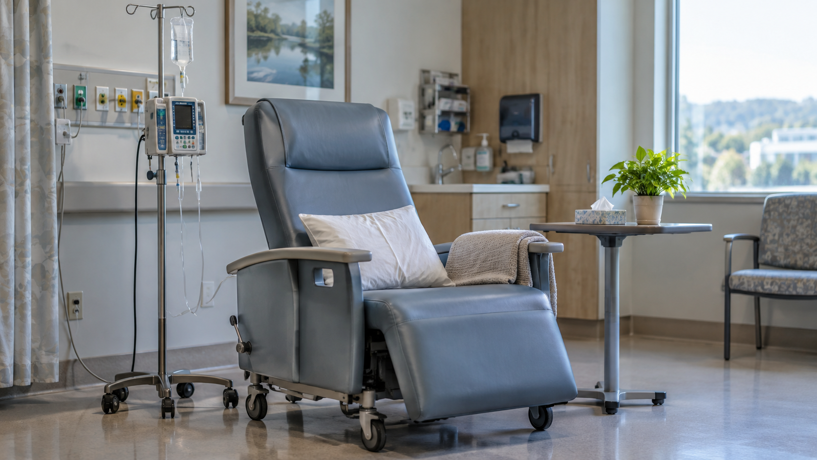 Un fauteuil de perfusion vide dans une unité de jour d’hôpital, avec son pied à sérum inutilisé.