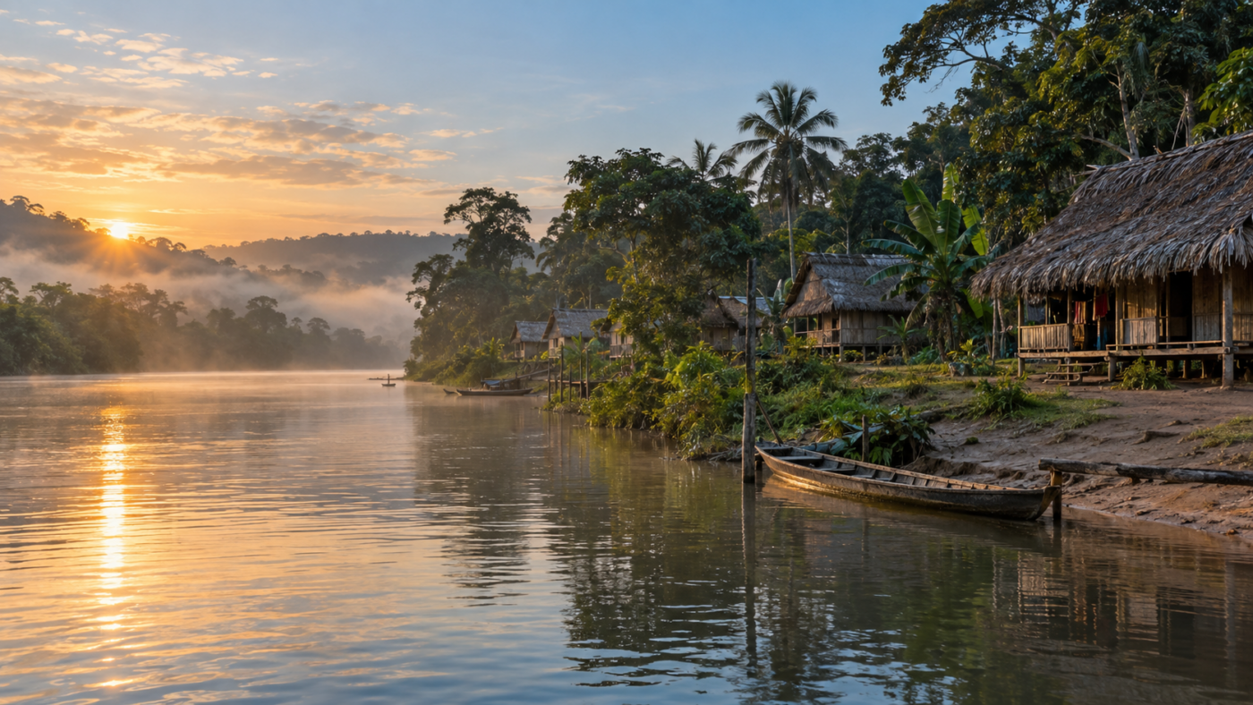 Village amazonien au bord d’une rivière à l’aube, maisons de bois à toit de palmes et pirogue amarrée sur la berge.