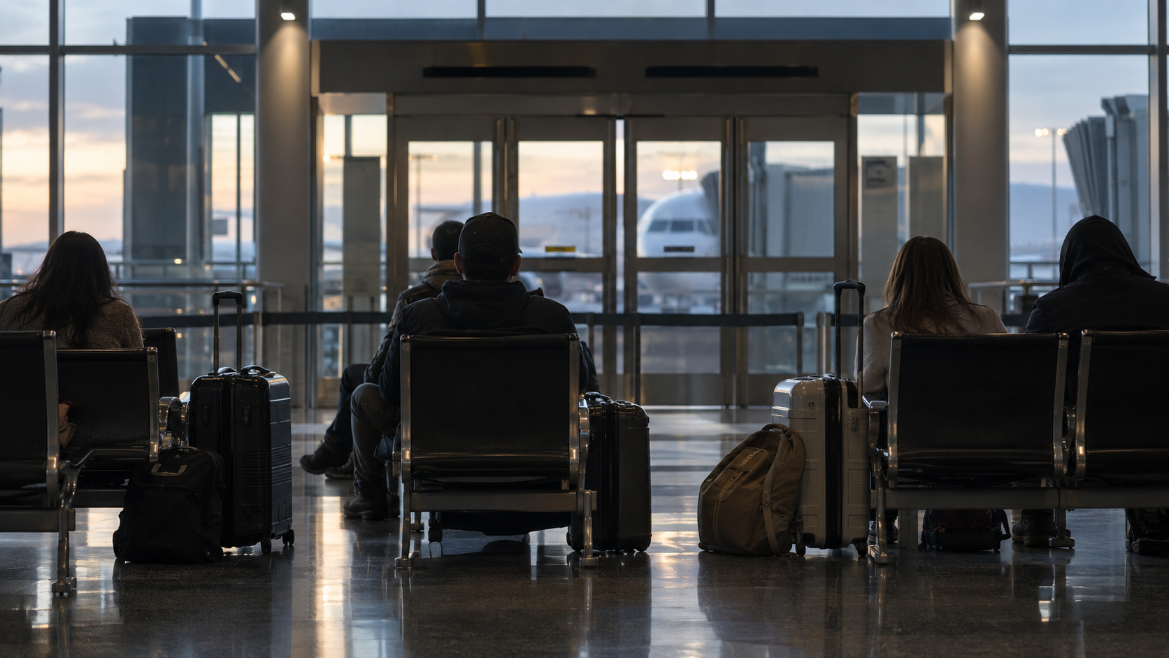 Voyageurs assis de dos avec leurs bagages devant des portes d’embarquement fermées dans un terminal d’aéroport.