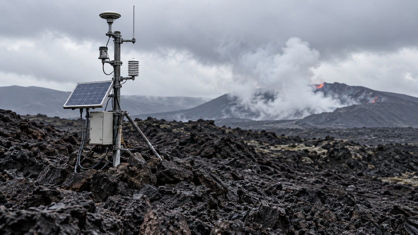 Station de mesure volcanologique posée sur une coulée de lave, avec panneau solaire et antenne, sous un ciel bas.