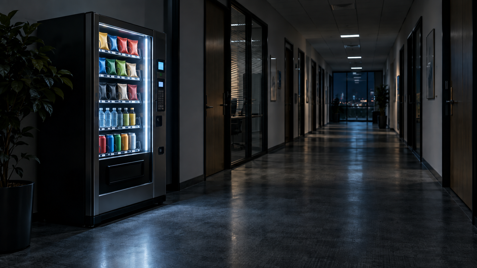 Un distributeur automatique éclairé dans un couloir de bureaux désert, la nuit.