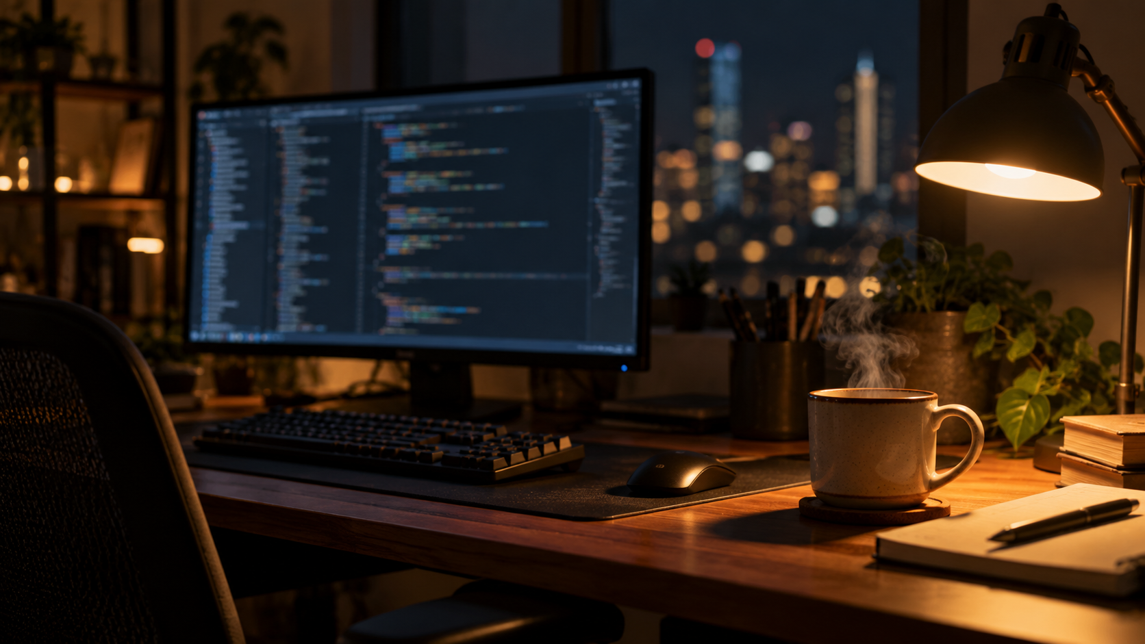 Un poste de travail de développeur la nuit, écran flouté, clavier et tasse posés sous une lampe de bureau.
