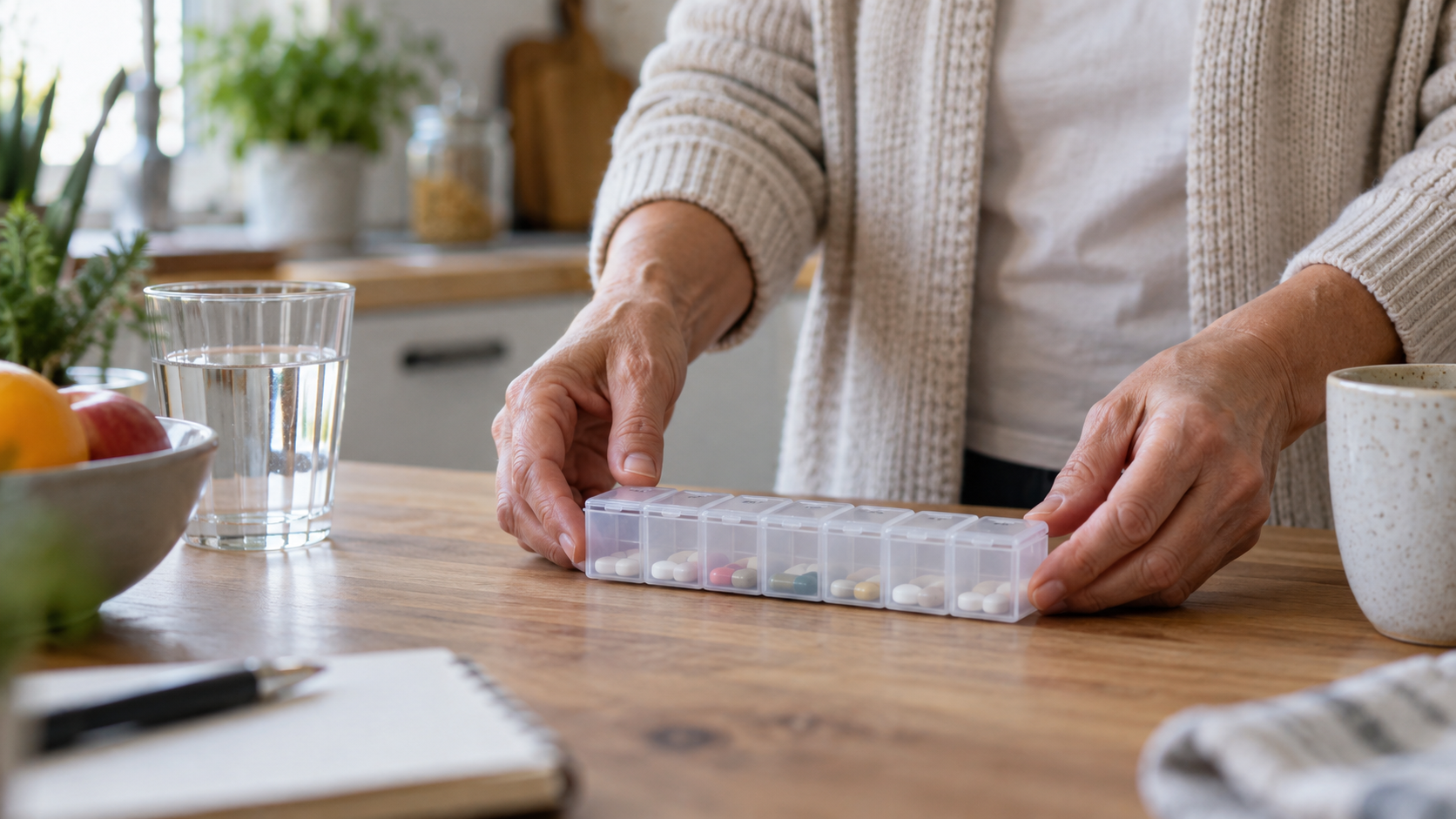 Des mains posent un pilulier hebdomadaire sur une table de cuisine, visage hors cadre.