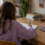 Un élève écrit à la main dans un cahier, un ordinateur portable fermé posé à côté sur la table.