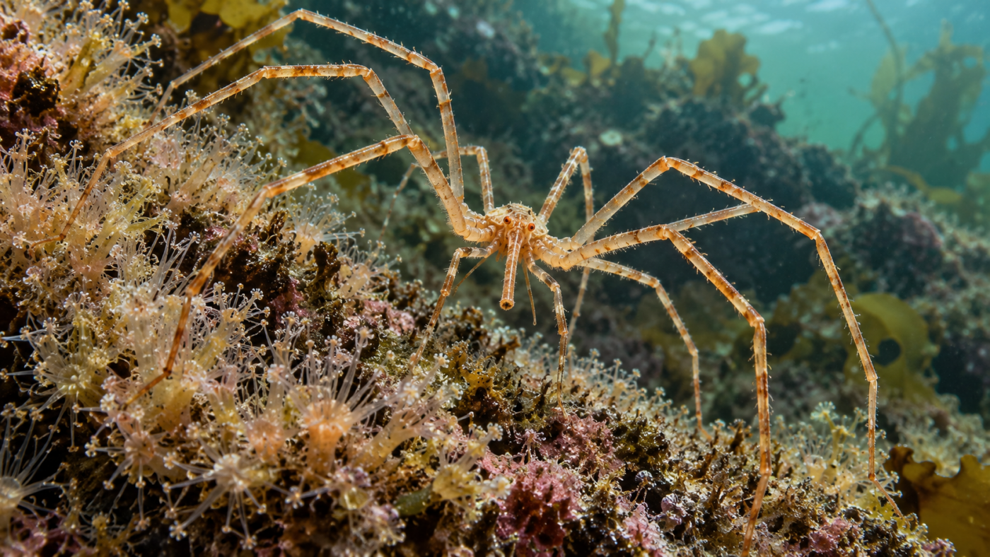 Gros plan sous-marin d'un pycnogonide aux longues pattes fines posé sur un rocher couvert d'hydraires, en eau froide peu profonde.