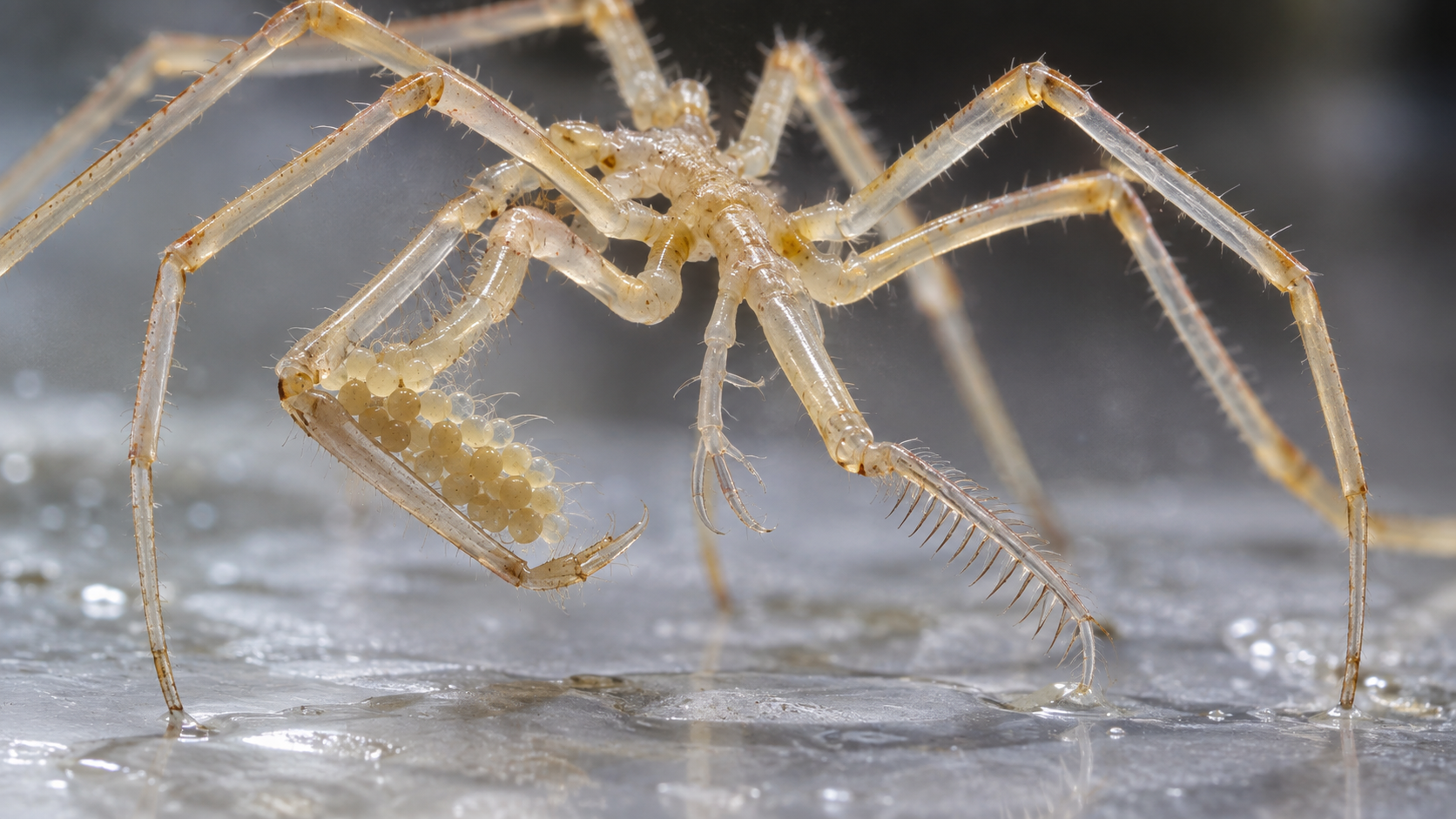 Vue rapprochée en laboratoire d'un pycnogonide repliant une patte porte-œufs contre l'une de ses jambes, sous éclairage de microscope.