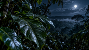 Feuilles épaisses et cireuses d’un arbre tropical éclairées par la lune, gouttes d’eau sur le limbe, canopée sombre en arrière-plan.
