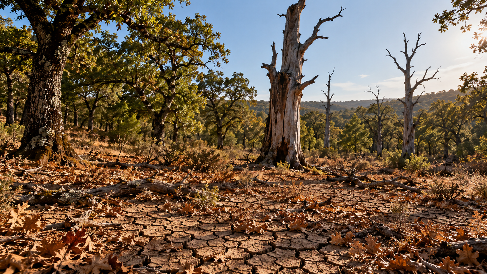 Forêt de chênes en fin d’été sec, sol craquelé, feuilles brunies au sol et troncs morts dressés entre les arbres verts.