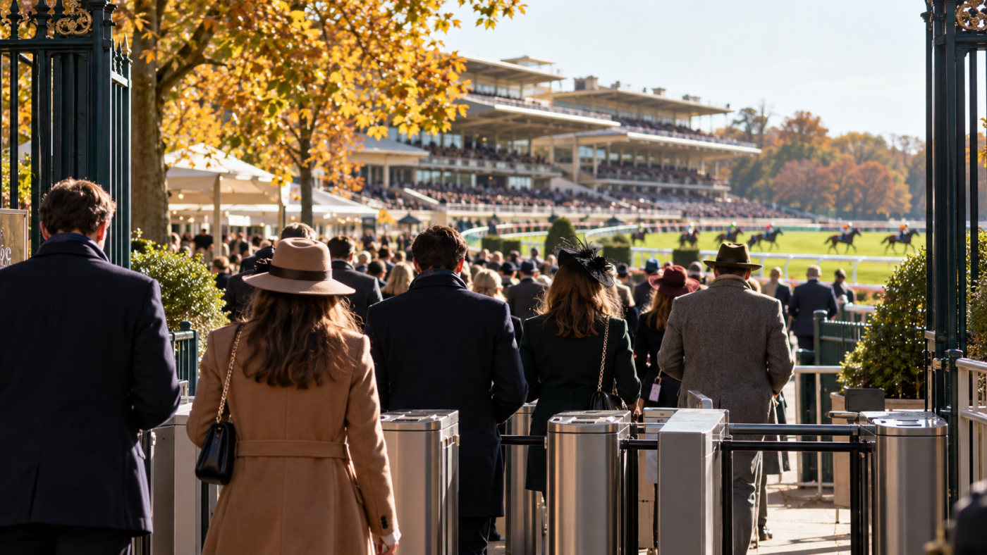 Des spectateurs franchissent les portes d’un hippodrome parisien dans la lumière d’octobre, vus de dos.