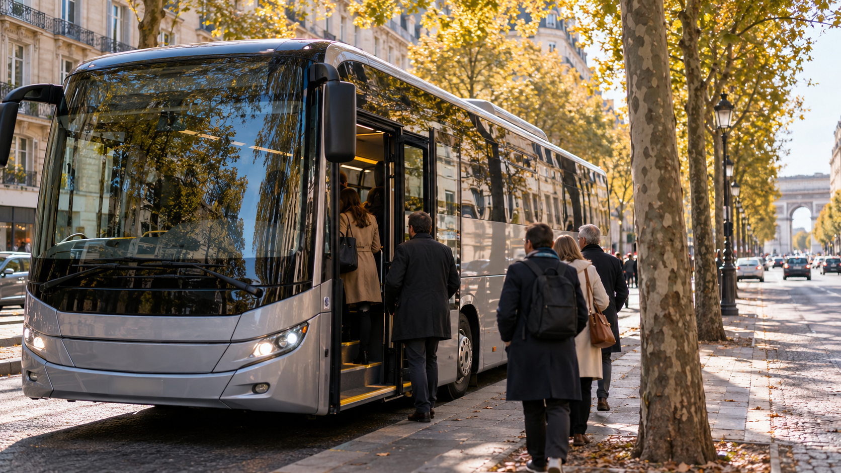 Un bus de navette attend portes ouvertes au bord d’un boulevard parisien, sous les platanes.