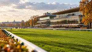 La piste en herbe d’un hippodrome parisien devant une grande tribune vitrée, sous une lumière d’octobre.