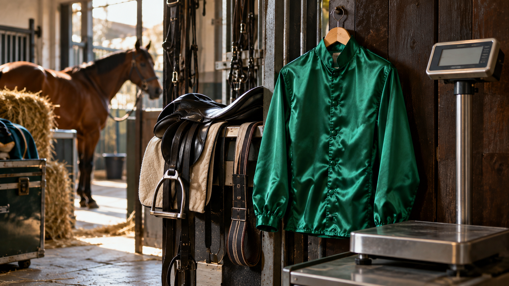 Une casaque de soie accrochée près d’une selle de course et d’une balance, dans les coulisses d’un hippodrome.