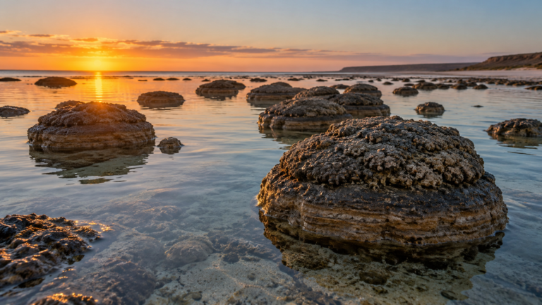 Des dômes de stromatolites émergent d’une eau très peu profonde au lever du jour, sur une côte déserte.