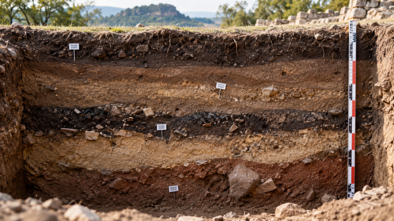 Coupe stratigraphique d’un sondage archéologique, règle graduée et étiquettes numérotées plantées dans les couches de terre.