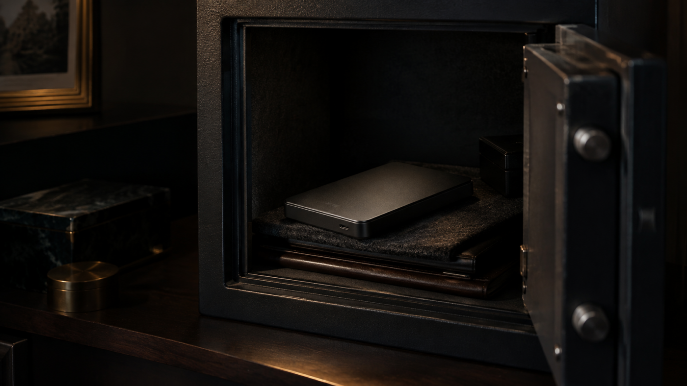 Un disque dur externe posé dans un coffre métallique ouvert, dans une pièce sombre.