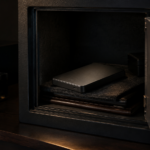 Un disque dur externe posé dans un coffre métallique ouvert, dans une pièce sombre.