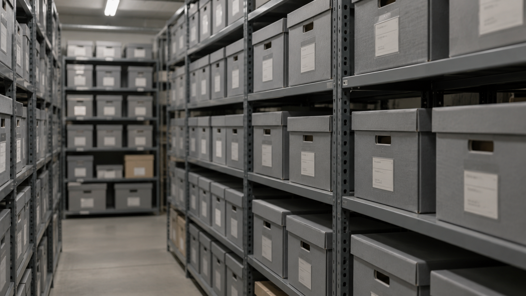 Des rangées de boîtes d’archives grises sur des étagères métalliques, étiquettes illisibles.