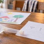 Un tube de prélèvement de salive et un formulaire posés sur une table de cuisine, à côté d’un dessin d’enfant.