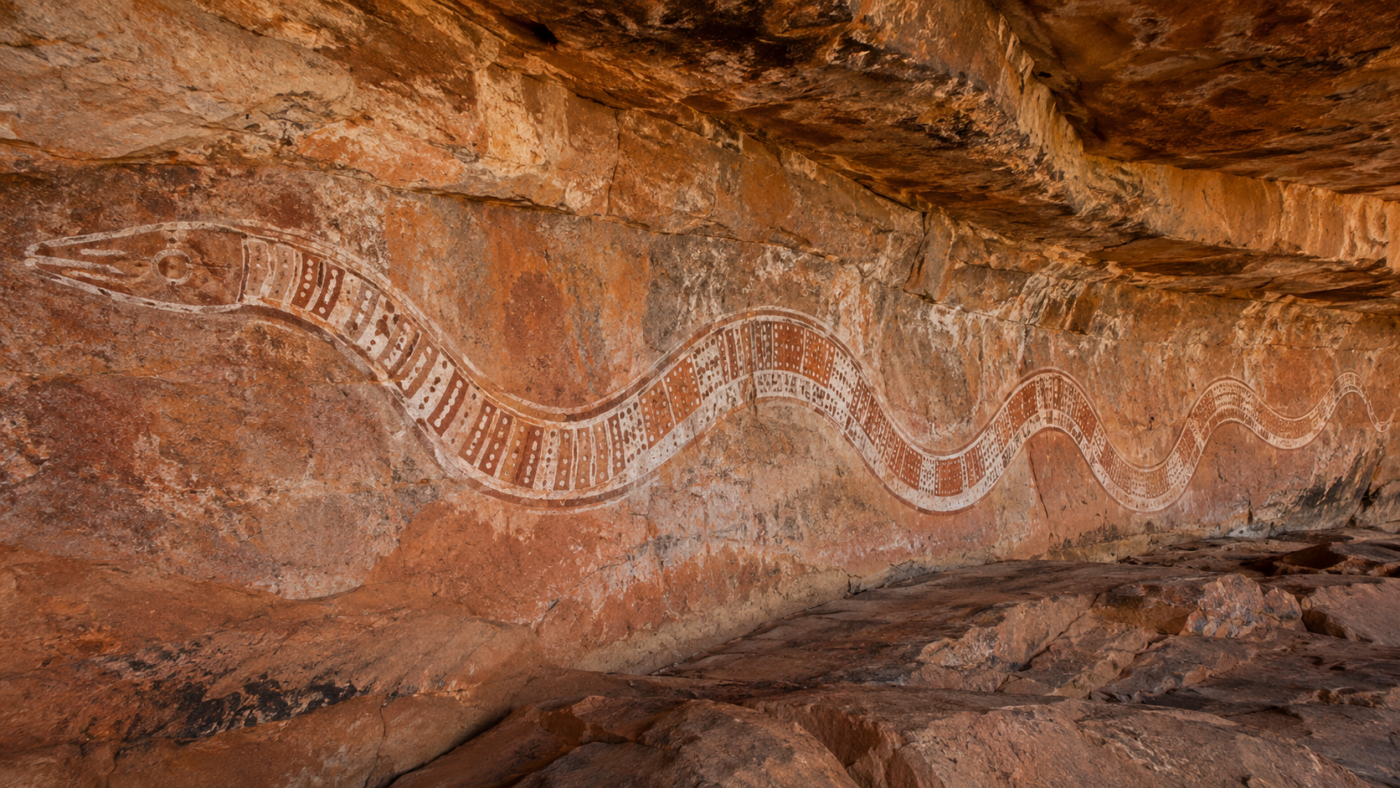 Longue figure de serpent peinte en argile blanche et ocre rouge sur une paroi de grès abritée, dans le nord de l’Australie