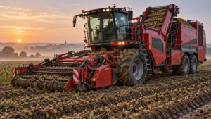 Une grande arracheuse-récolteuse de pommes de terre à l’arrêt en bordure d’un champ récolté, au petit matin.