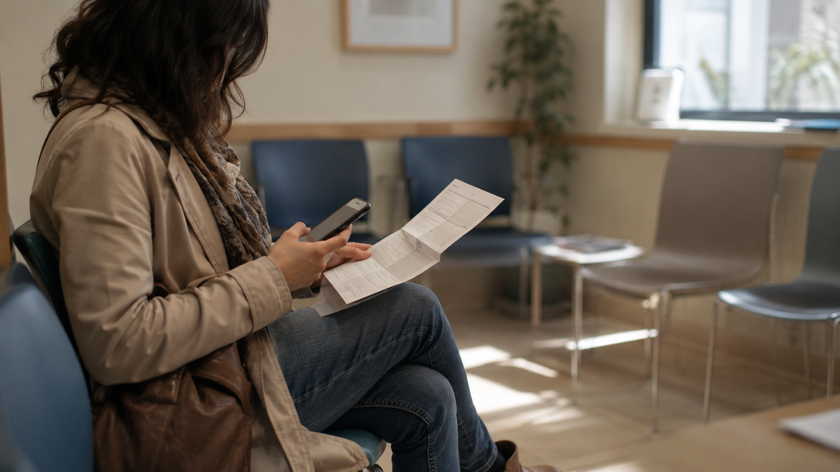 Dans la salle d'attente d'un cabinet médical français, une patiente assise vérifie des dates sur son téléphone en tenant un formulaire médical plié.