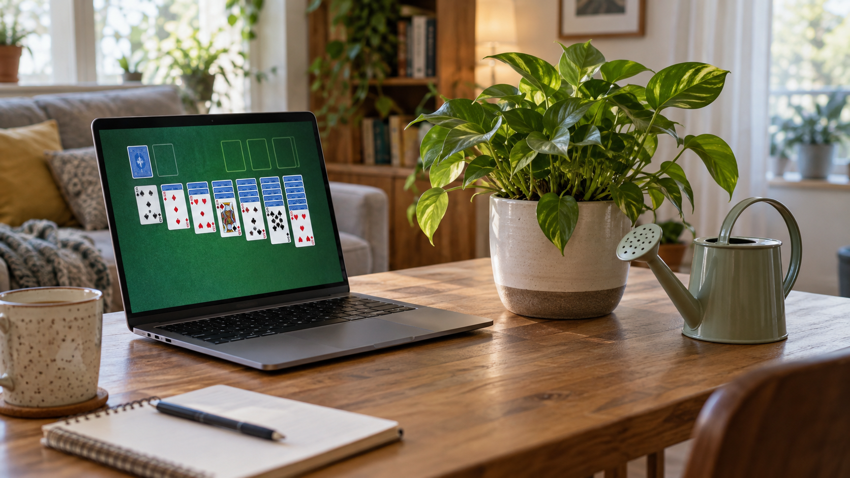 Sur une table, un ordinateur portable affichant un jeu de cartes et, à côté, une plante en pot avec son arrosoir.