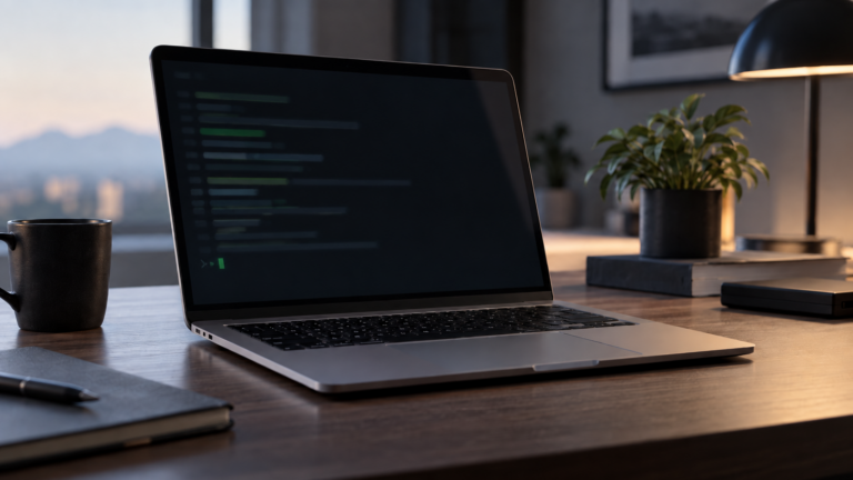 Un ordinateur portable en aluminium ouvert sur un bureau, l'écran affichant une fenêtre de terminal sombre.
