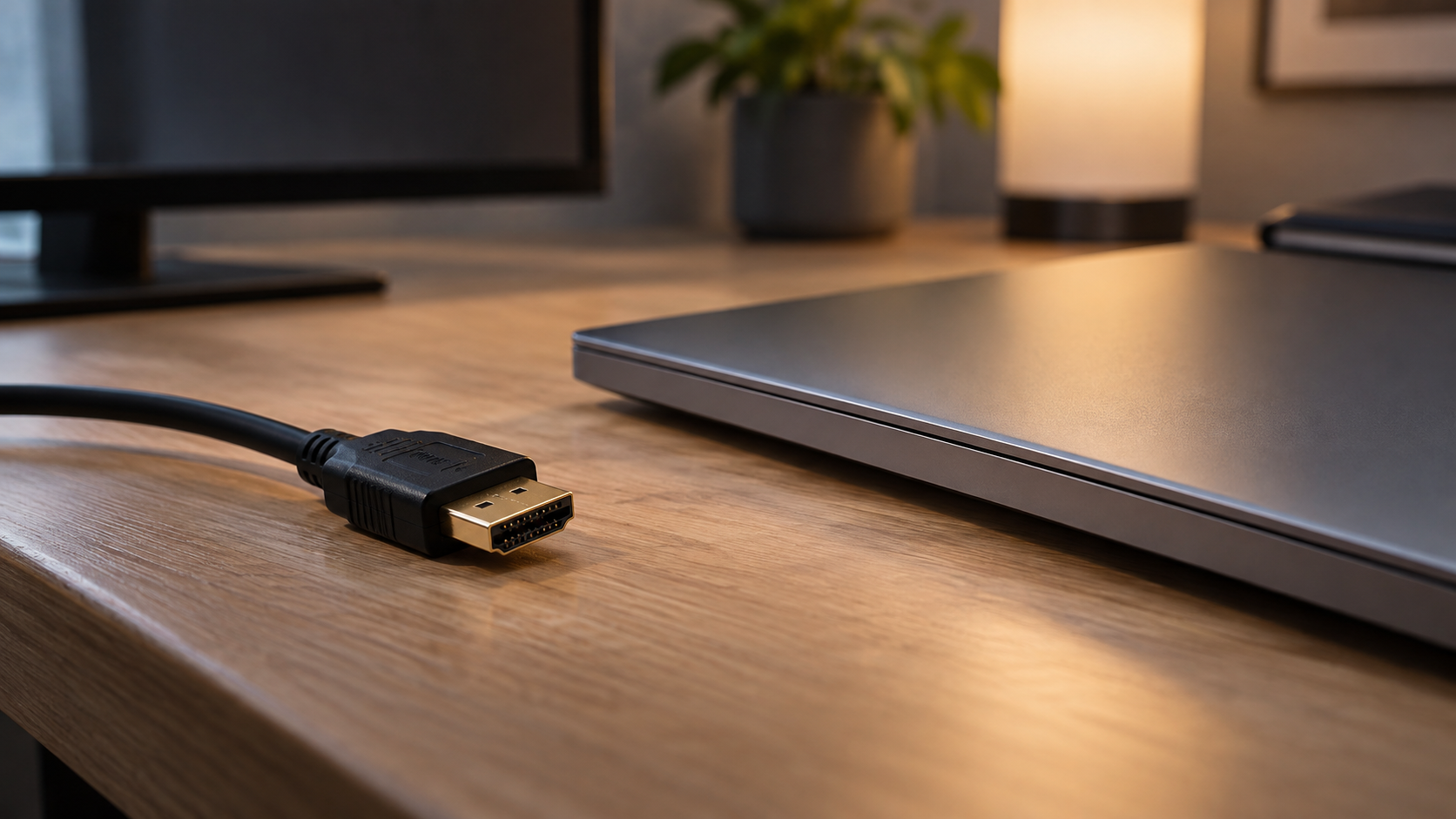 Un câble HDMI débranché posé à côté d'un ordinateur portable fermé sur un bureau.