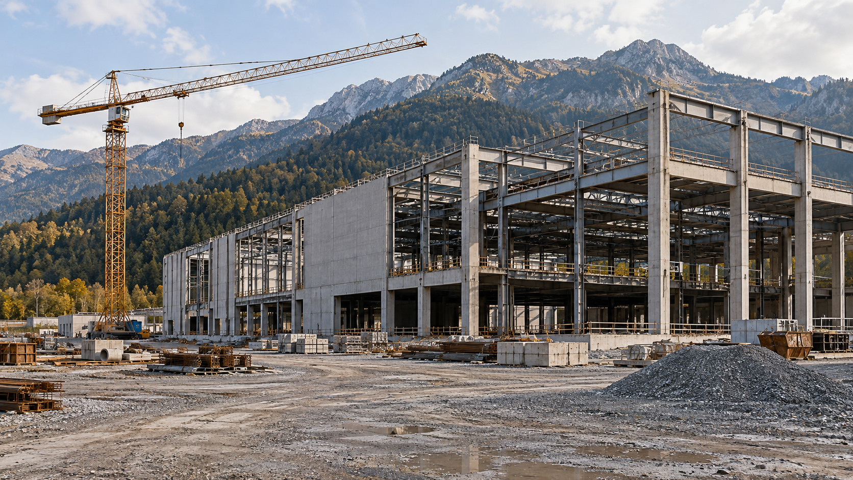 Carcasse de bâtiment industriel inachevé sur un chantier au pied de montagnes boisées, grue immobile et cour de gravier vide.