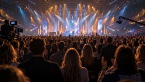 Public debout vu de dos dans une grande salle de concert, scène éclairée au fond pendant un enregistrement télévisé