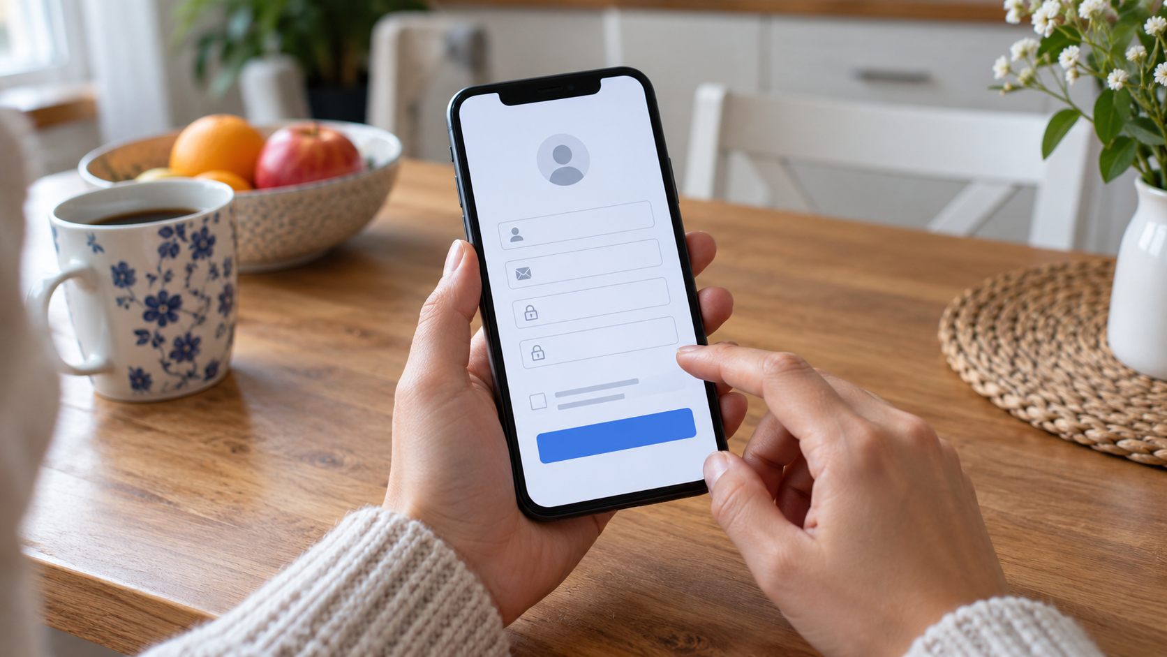 Mains tenant un smartphone affichant un formulaire d’inscription en ligne vierge, posé sur une table de cuisine
