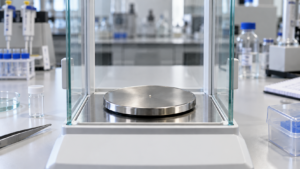 Un grain minuscule posé au centre du plateau d’une balance de laboratoire.