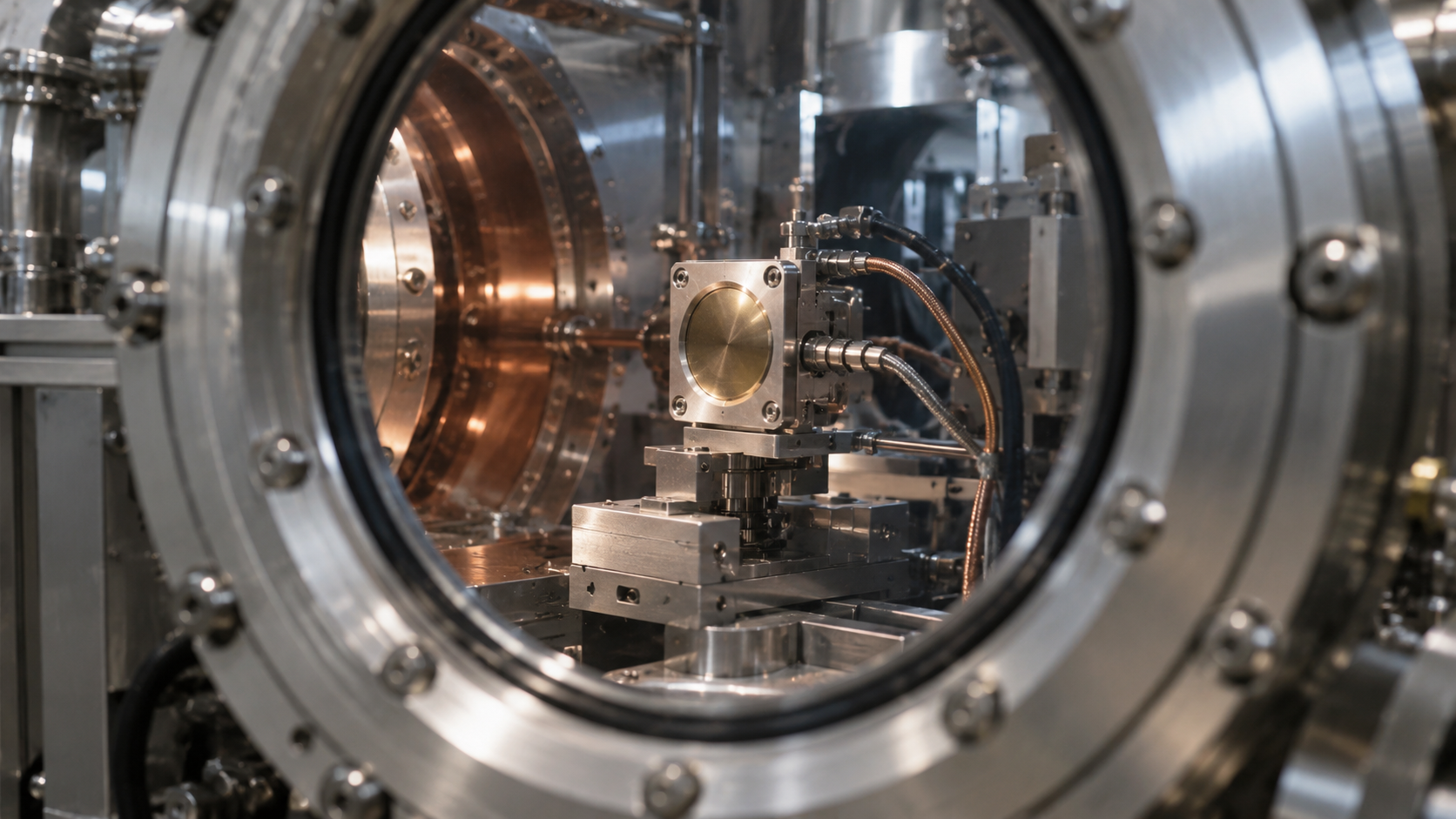 Petite cible métallique montée dans la ligne de faisceau d’un cyclotron, vue à travers un hublot d’acier.