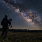Un photographe de dos règle son boîtier posé sur un trépied sous la Voie lactée, dans un champ sans éclairage.