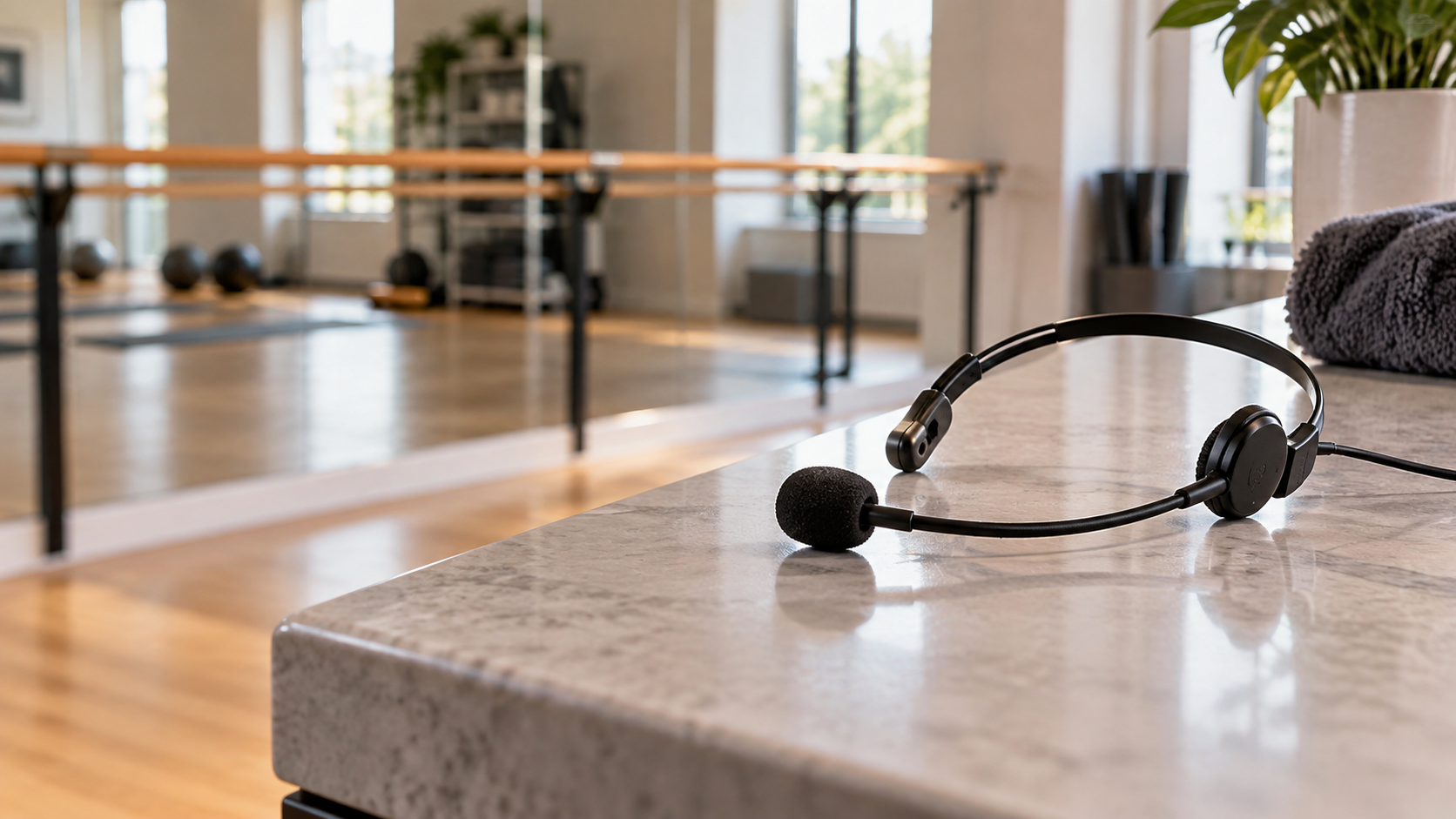 Un micro-casque posé sur le comptoir d'une salle de sport, une barre de danse floue à l'arrière-plan.
