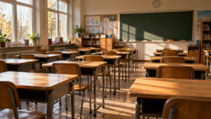 Salle de classe de primaire vide au petit matin, rangées de pupitres en bois et lumière douce aux fenêtres.