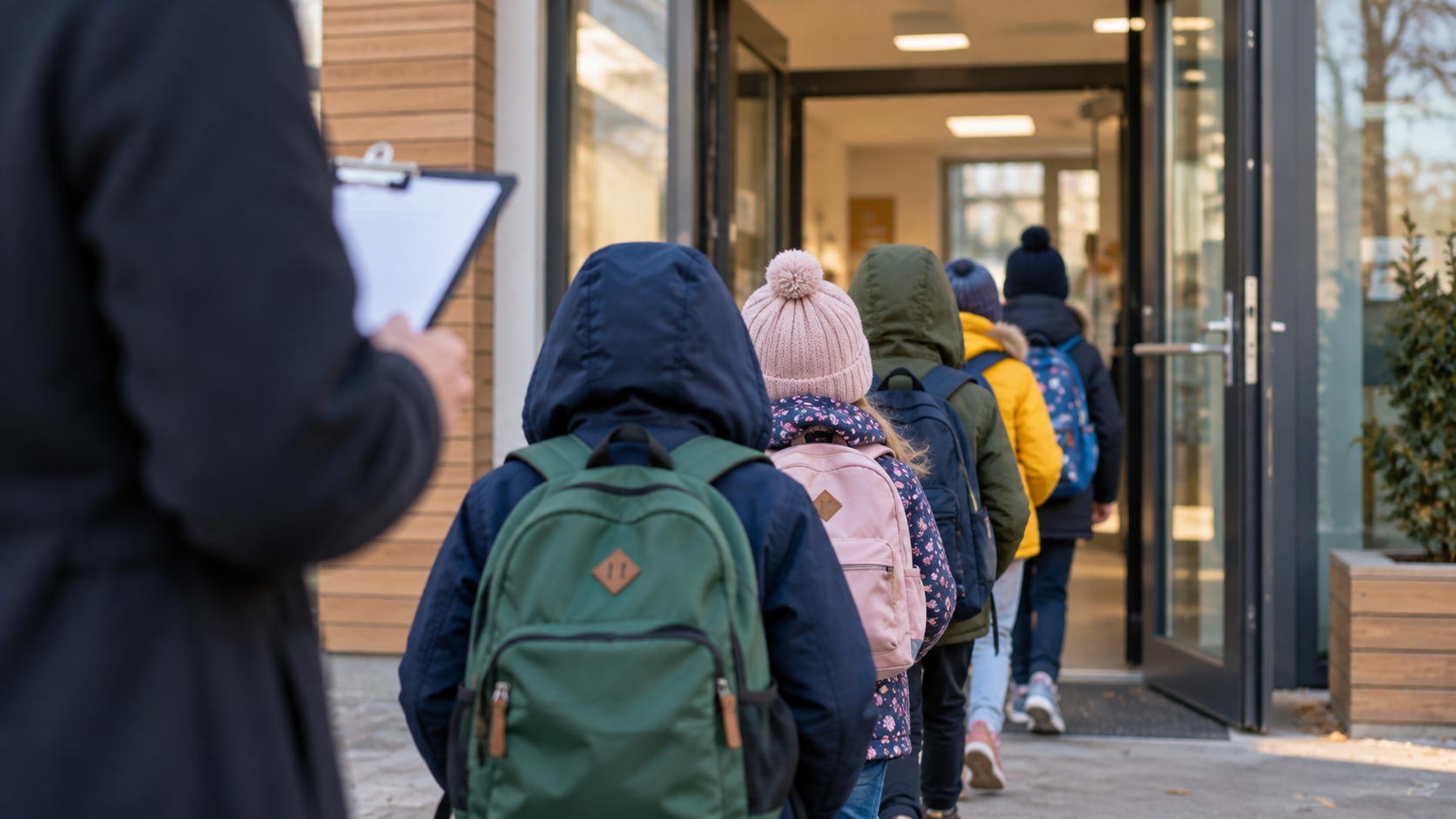 Des écoliers vus de dos entrent en file dans une école, un adulte tient un porte-bloc au premier plan flou.