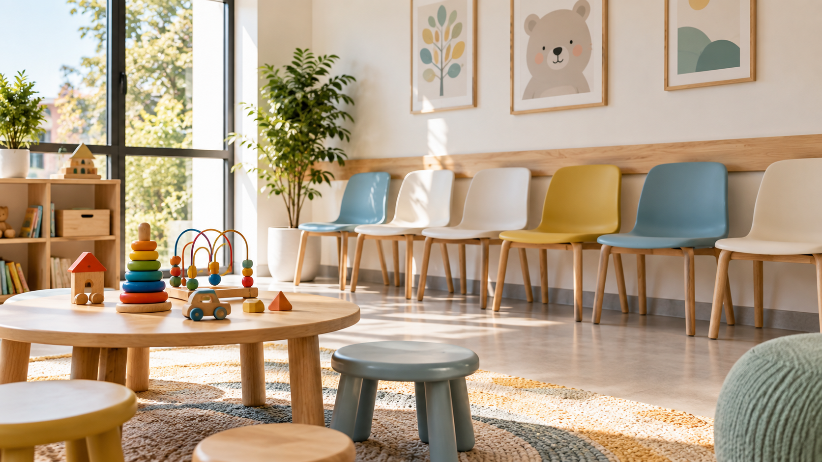 Salle d’attente pédiatrique vide, chaises alignées le long d’un mur clair et jouets en bois sur une table basse.