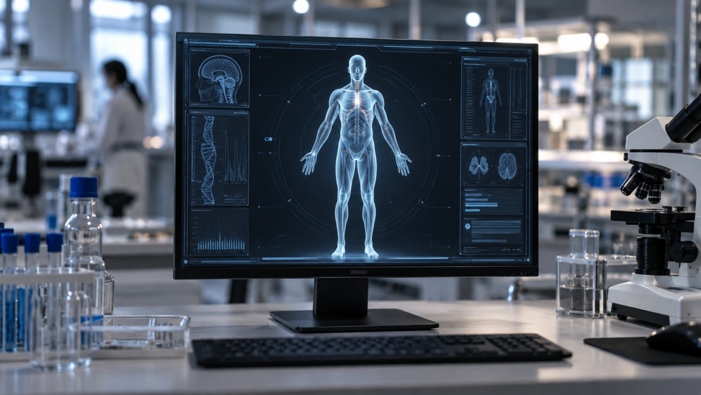Un écran de laboratoire affiche un avatar de corps entier, mains ouvertes, devant un poste de travail flouté.