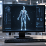 Un écran de laboratoire affiche un avatar de corps entier, mains ouvertes, devant un poste de travail flouté.