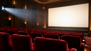 Salle de cinéma vide aux fauteuils rouges, grand écran allumé et faisceau du projecteur visible.