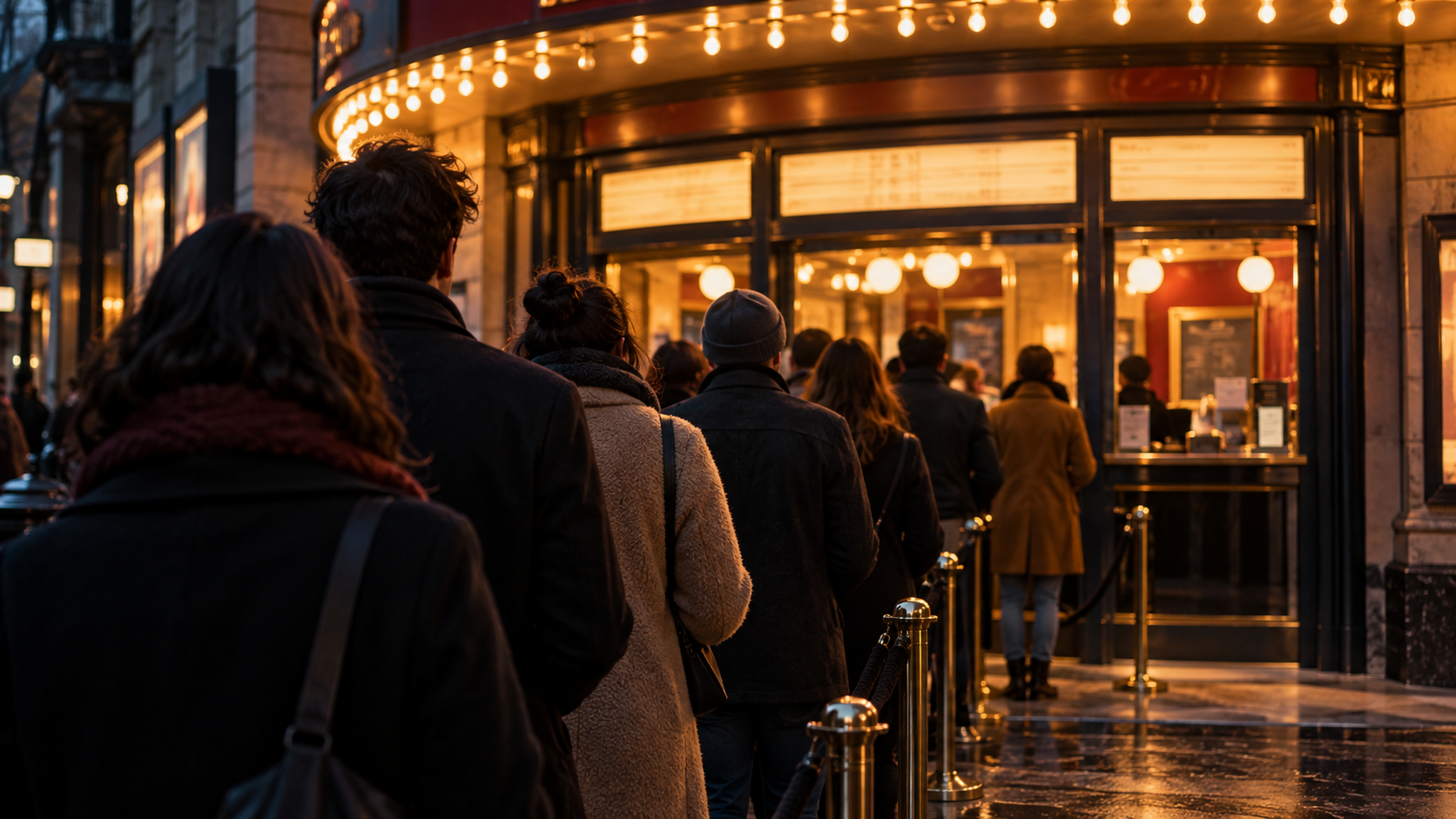 File d’attente de dos devant une billetterie de cinéma éclairée, le soir.