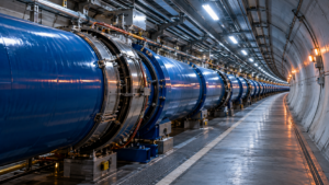 Tunnel d’accélérateur de particules aux aimants bleus alignés, couloir désert sous éclairage froid.
