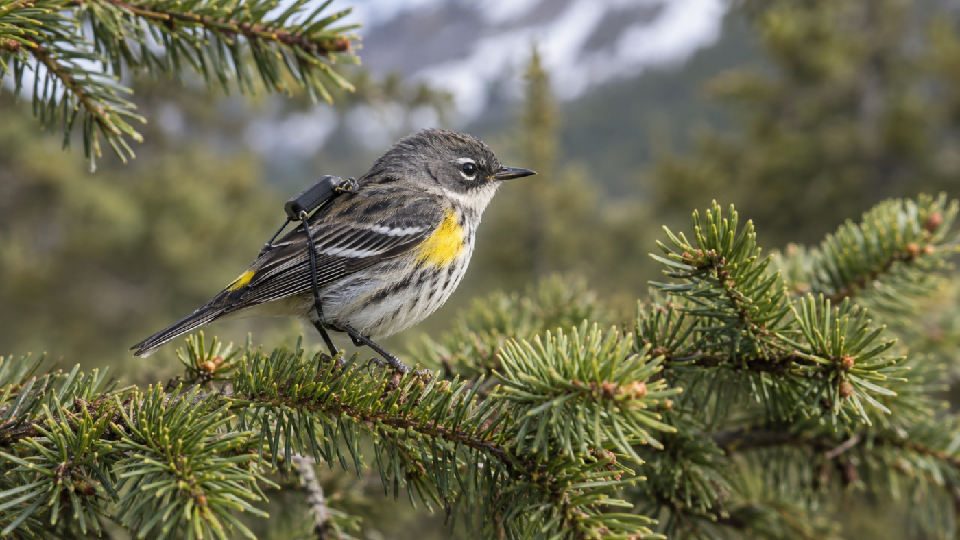 Une petite paruline à croupion jaune posée sur une branche d'épicéa, un minuscule boîtier noir fixé sur le bas du dos par un harnais à boucles de pattes