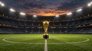 Un trophée doré posé sur le rond central d’un stade vide, projecteurs allumés au crépuscule.